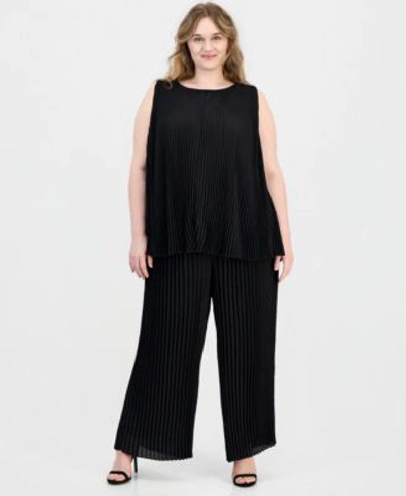 Anne Klein Plus Size Round Neck Sleeveless Pleated Top Pull On Pleated Pants