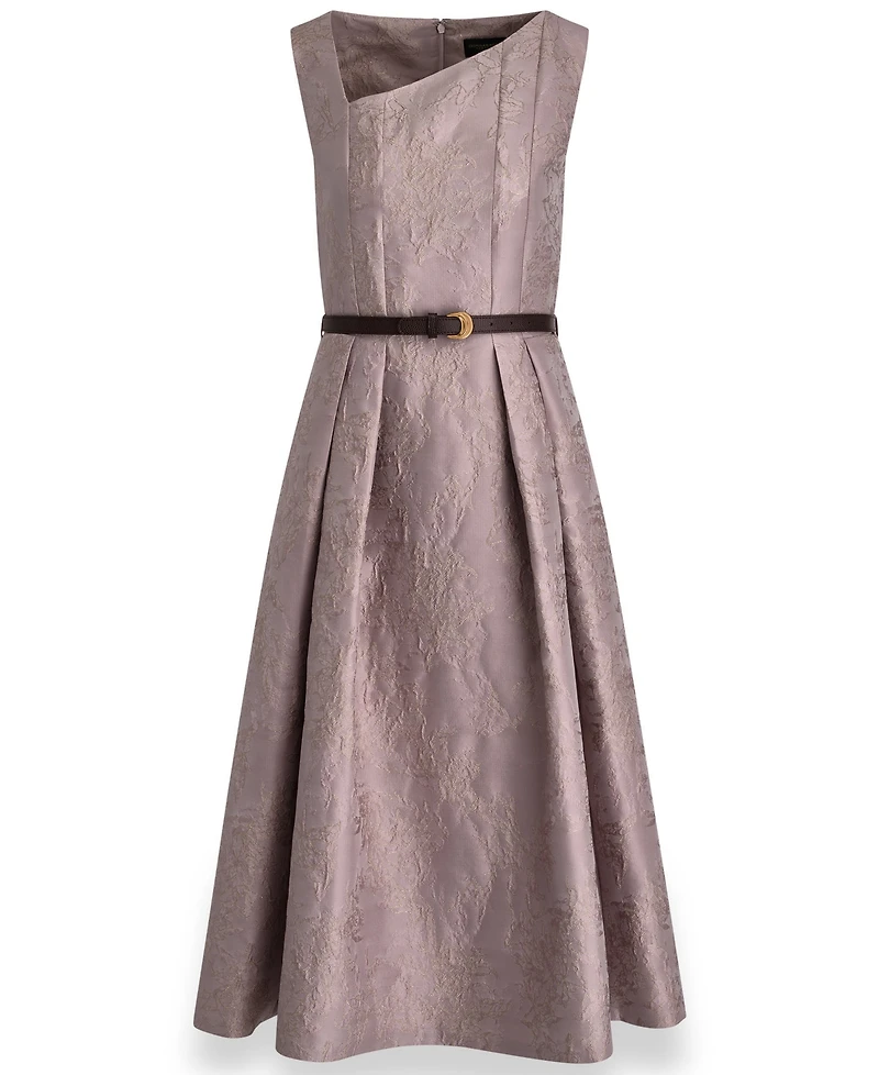 Donna Karan New York Women's Jacquard Asymmetrical Neck Fit & Flare Dress with Belt