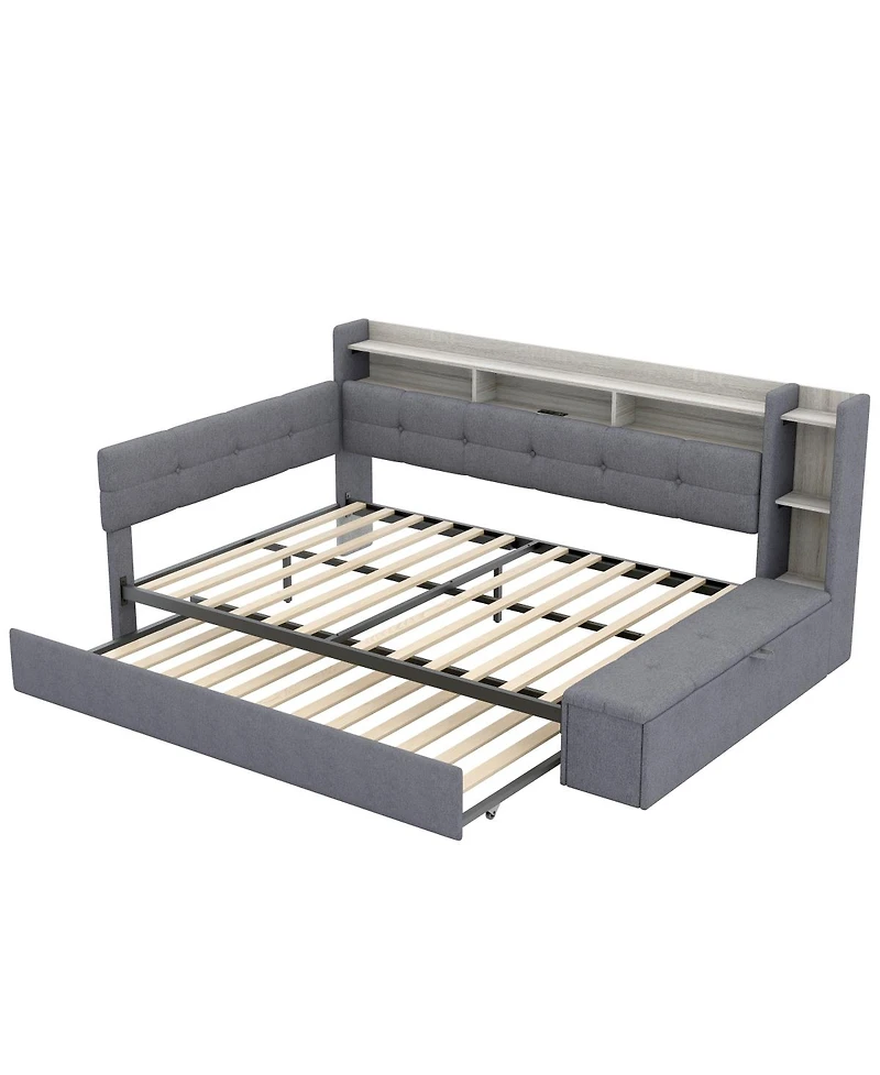 Streamdale Furniture Upholstered Daybed with Trundle, Storage, Usb, Led Lights