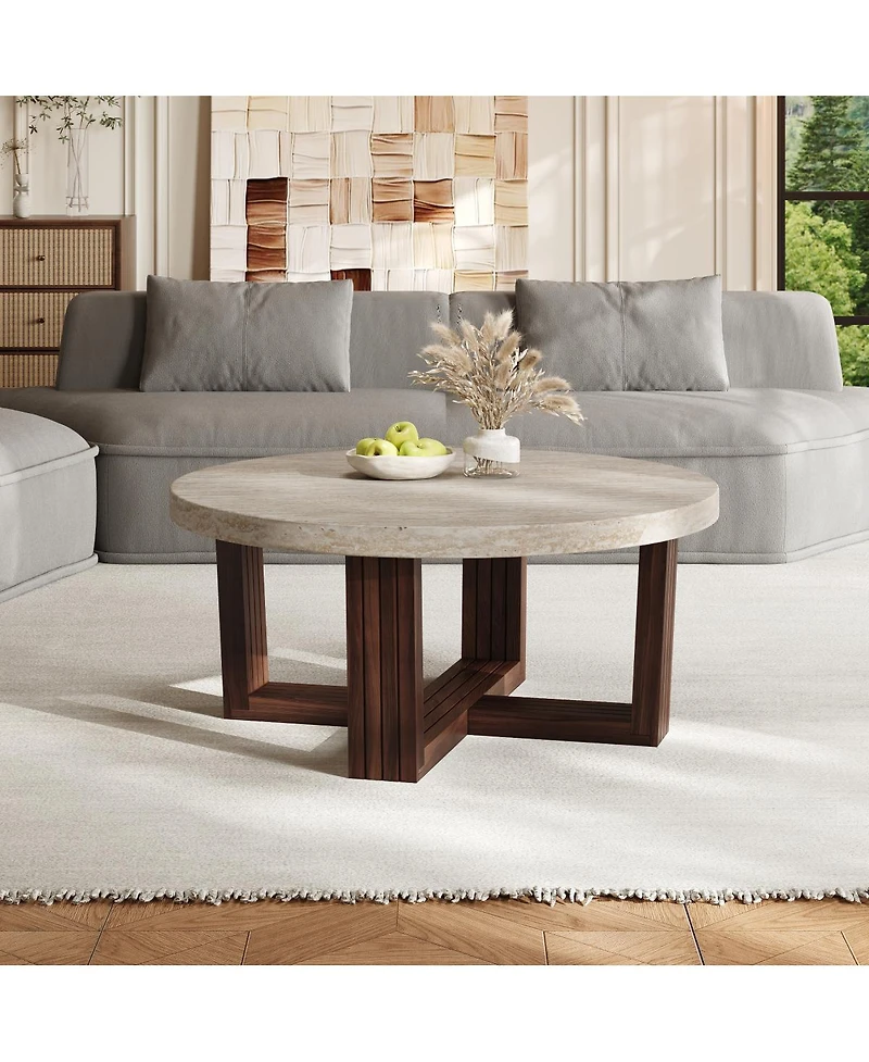 Streamdale Furniture Round Coffee Table Marble Pattern Top, Cross Base, Modern Center Table