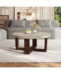 Streamdale Furniture Round Coffee Table Marble Pattern Top, Cross Base, Modern Center Table