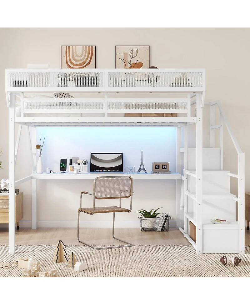 Streamdale Furniture Queen Loft Bed with Desk, Stairs and Charging Station