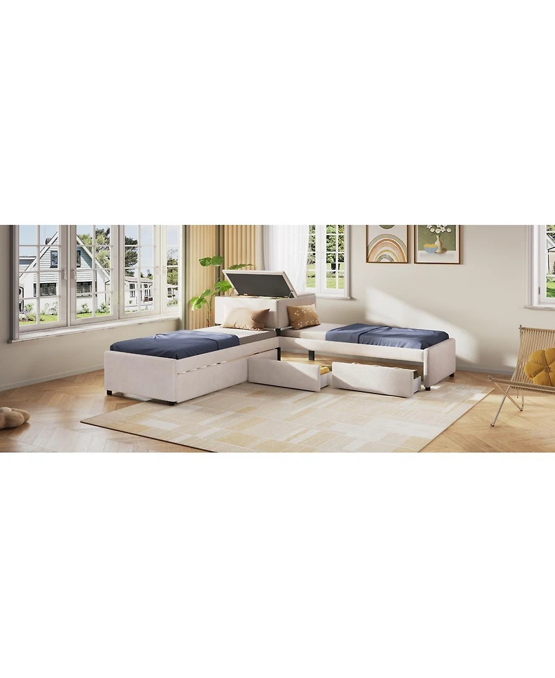 Streamdale Furniture L-Shaped Upholstered Twin Platform Bed with Trundle, Drawers, and Desk