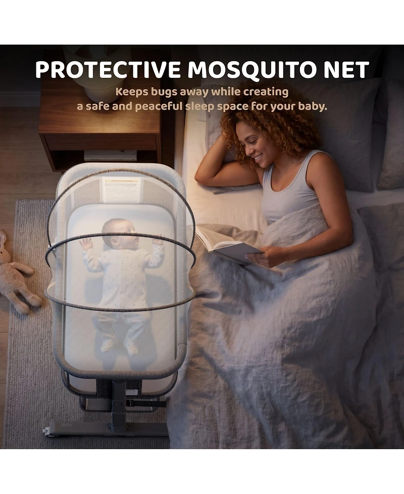 Kinder King Baby 3-in-1 Bassinet Bedside Sleeper with Adjustable Height, Mosquito Net and Wheels