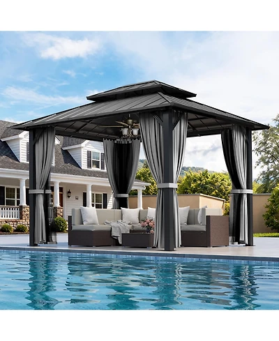 Pamapic Hardtop Gazebo, Galvanized Steel Double Roof Outdoor Pavilion with Breathable Netting and Privacy Curtain, Patio, Backyard