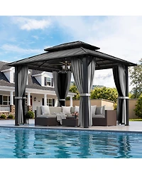 Pamapic Hardtop Gazebo, Galvanized Steel Double Roof Outdoor Pavilion with Breathable Netting and Privacy Curtain, Patio, Backyard