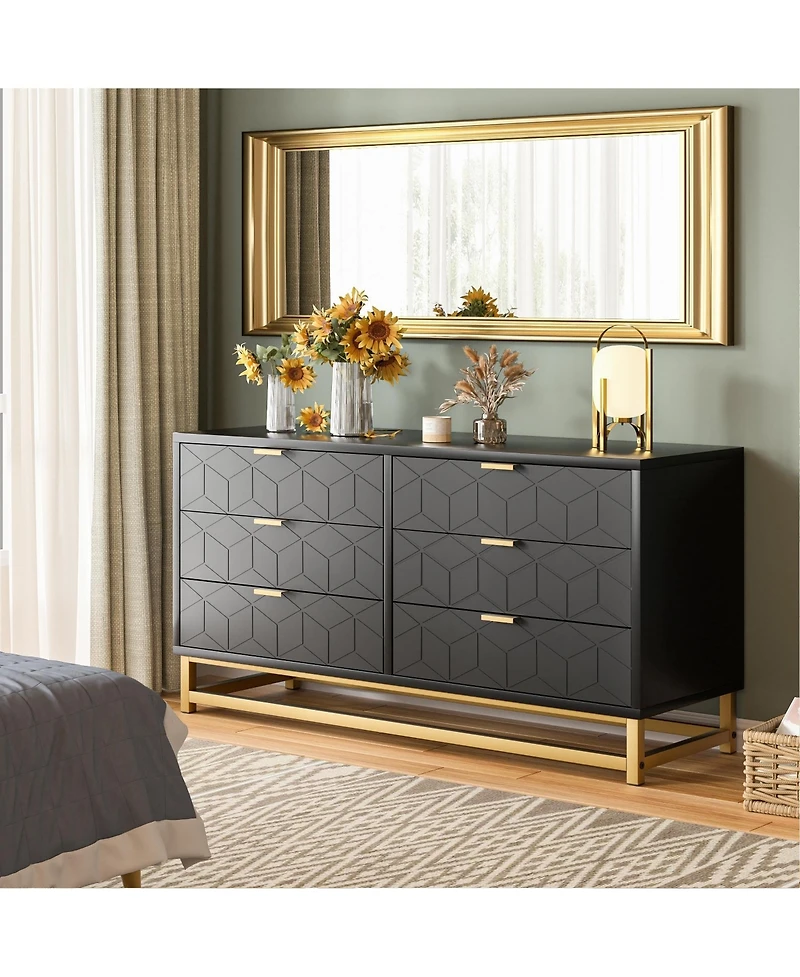 homfan 6-Drawer Double Dresser with Handles, Long Storage Organizer for Bedroom Living Room Hallway