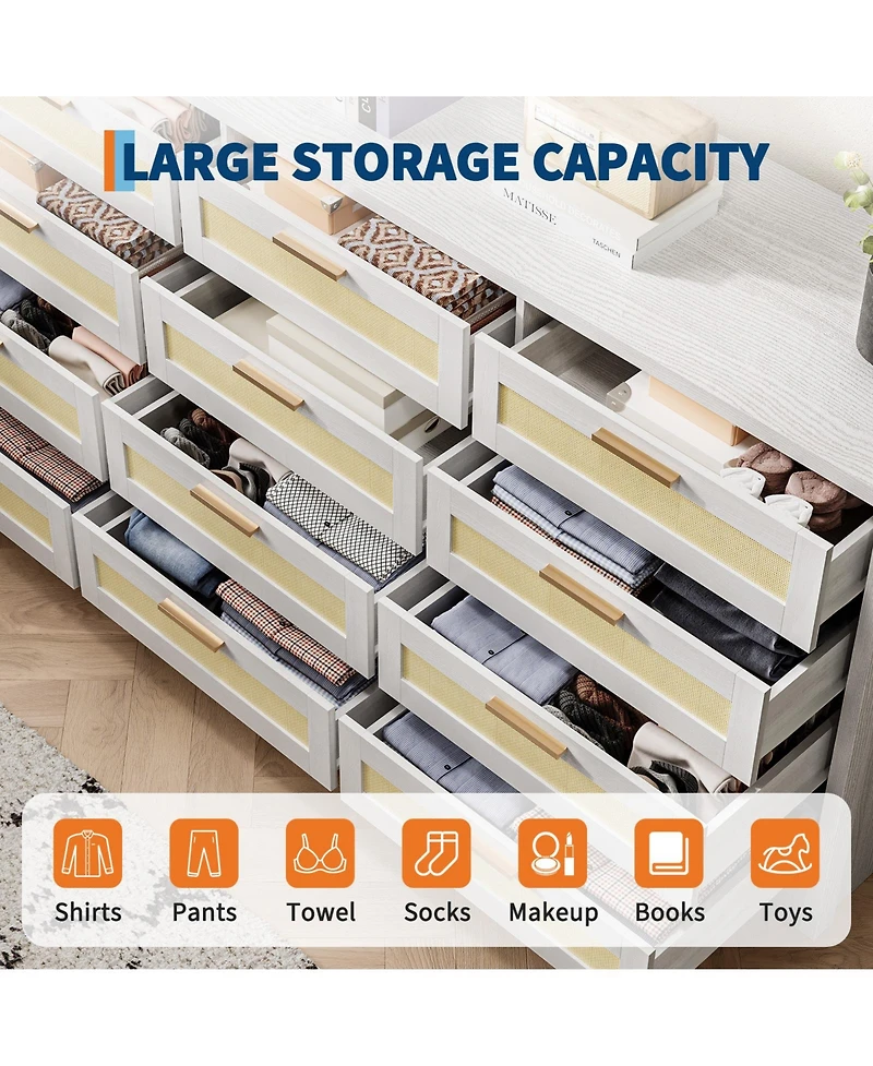 homfan 12-Drawer Rattan Dresser, Modern Chest of Drawers with Rattan Panels, Storage Organizer for Bedroom Nursery Entryway Living Room