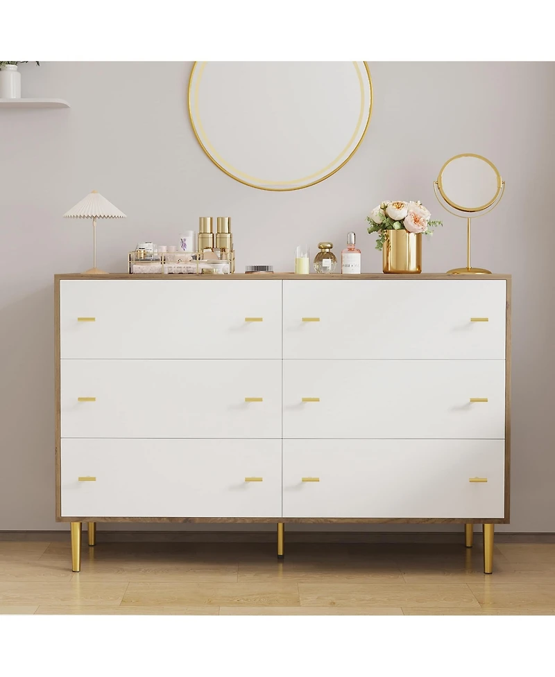 homfan 6-Drawer Farmhouse Dresser, Wide Wood Rustic Chest of Drawers with Bar Handles for Bedroom Living Room Hallway