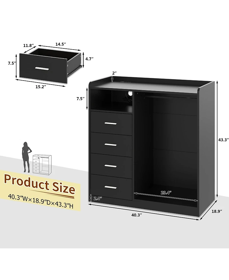 homfan 4-Drawer Dresser with Hanging Rack, Led Lights and Charging Station, Storage Organizer for Bedroom Living Room, Multiple Finishes
