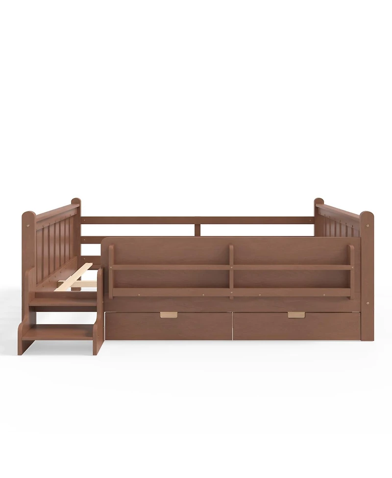 Streamdale Furniture Solid Wood Queen Floor Bed with Storage Bookcases, Drawers, and Stairs