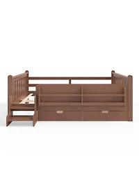 Streamdale Furniture Solid Wood Queen Floor Bed with Storage Bookcases, Drawers, and Stairs