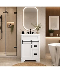 Phying 24 Inch Farmhouse Bathroom Vanity Freestanding Single Undermount Sink Cabinet with Sliding Barn Doors and 2 Drawers