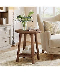 Tribesigns Solid Wood Round Side Table, 2-Tier Small End Table with Storage Shelf