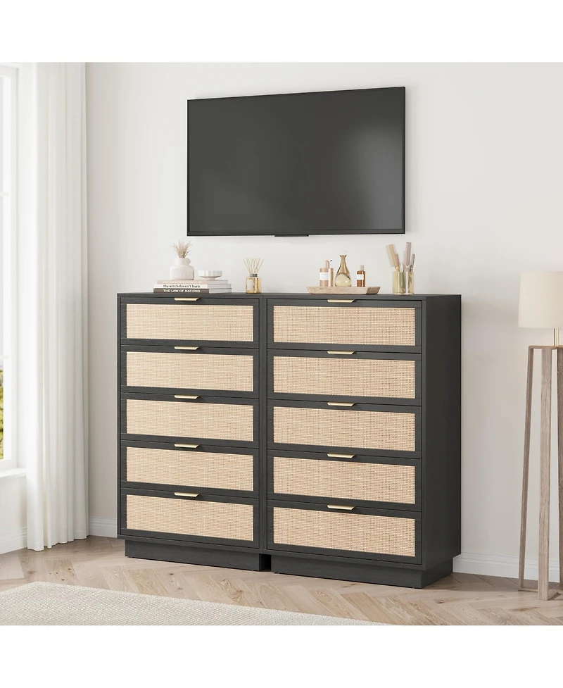 homfan 5-Drawer Tall Rattan Dresser with Integrated Legs, 47" Boho Chest for Bedroom Hallway Entryway Closet