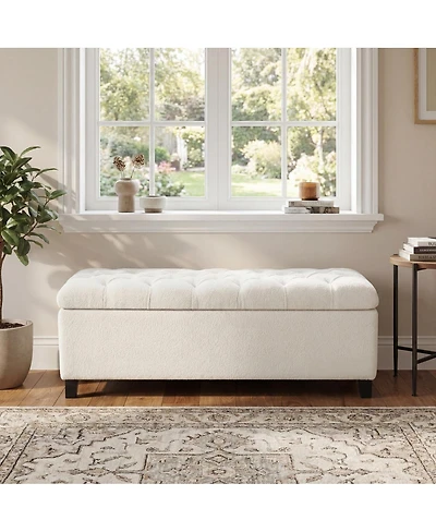Streamdale Furniture Ottoman Bench with Storage, White Boucle, Rubber Wood Legs
