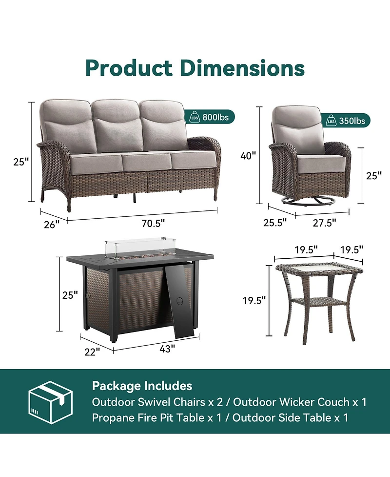 Pocassy Patio Furniture Set with 6-inch Thick Cushion, Outdoor Pit Table, Swivel Chairs, Side Sofa, 5pcs Wicker Conversation