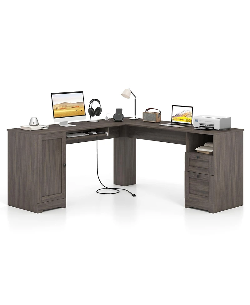 Slickblue 66 Inch L Shaped Computer Desk with Built In Power Outlets