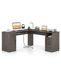 Slickblue 66 Inch L Shaped Computer Desk with Built In Power Outlets