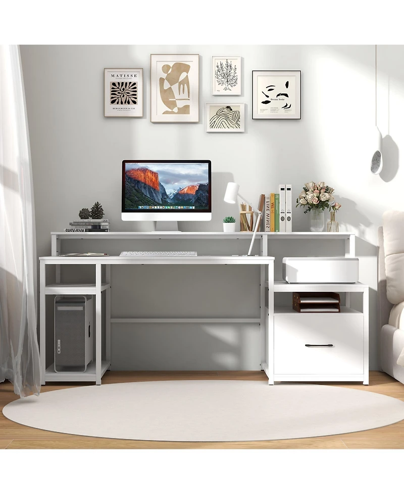 Slickblue 67 Inch Computer Desk with Monitor Stand and File Drawer