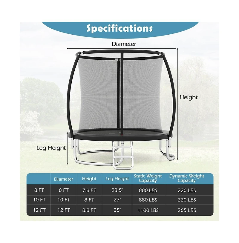 Ruie 8 ft Outdoor Heavy-Duty Recreational Trampoline with Safety Enclosure