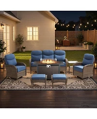 Pocassy 7 Pieces Patio Furniture Set with Fire Pit High Back Outdoor 6-inch Cushions Wicker Swivel Rocker Chairs for Lawn,Deck