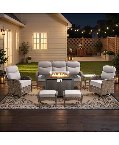 Pocassy 7 Pieces Patio Furniture Set with Fire Pit High Back Outdoor 6-inch Cushions Wicker Swivel Rocker Chairs for Lawn,Deck