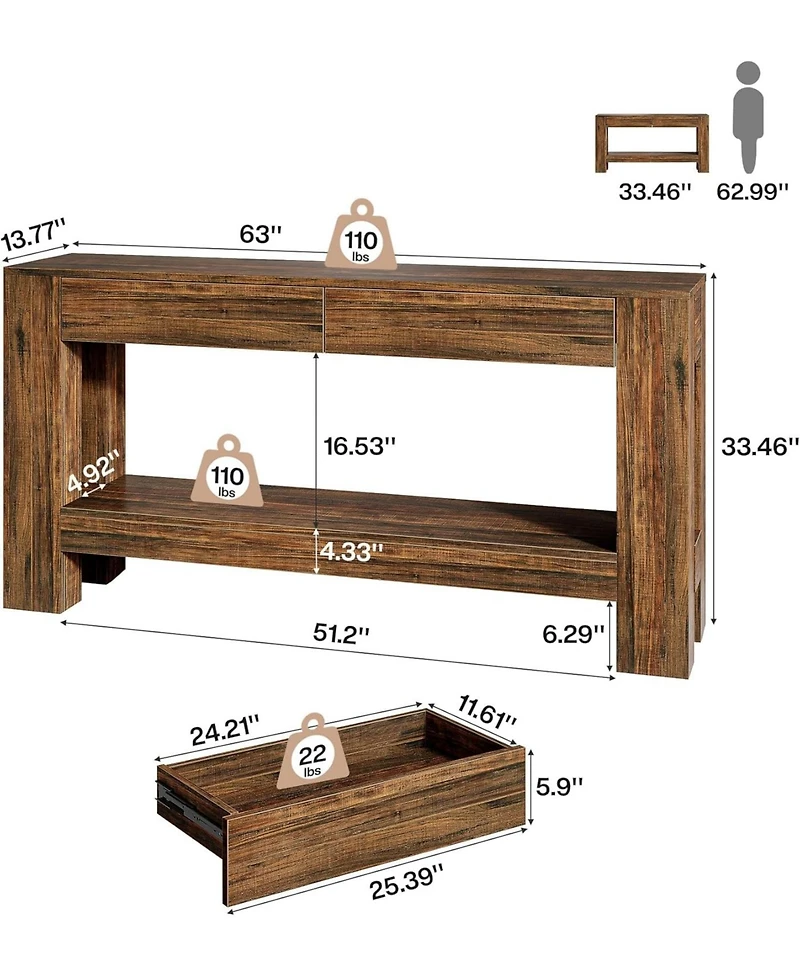 Tribesigns 63" Console Table with 2 Drawers, Long Sofa Table Behind Couch for Living Room, Hallway, Foyer