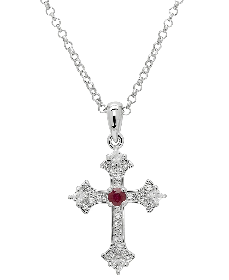 Macy's Lab-Grown Blue & White Sapphire (0.36 ct. t.w.) Vintage Cross Pendant Necklace Sterling Silver (Also Available Ruby)