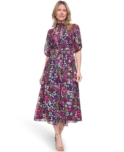 Jessica Howard Women's Mock Neck & Smocked Waist Maxi Dress