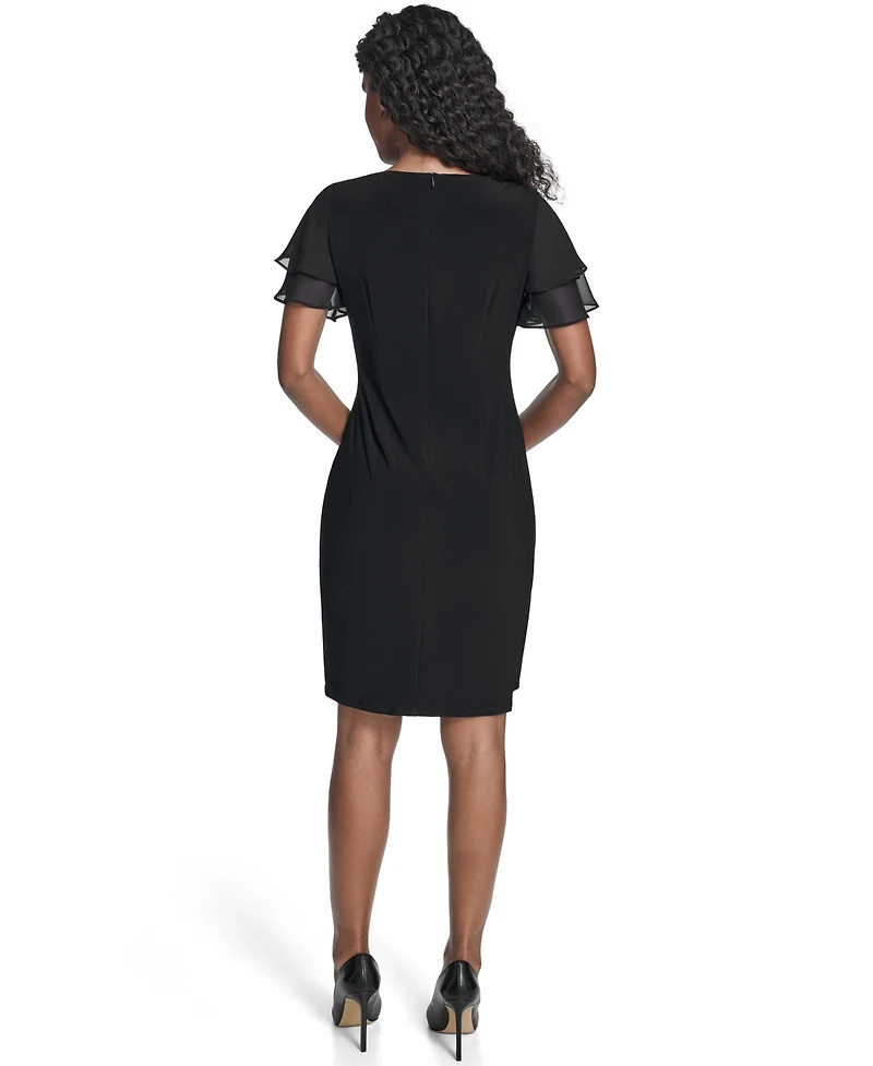 Jessica Howard Petite Flutter-Sleeve Tuck Faux Wrap Sheath Dress