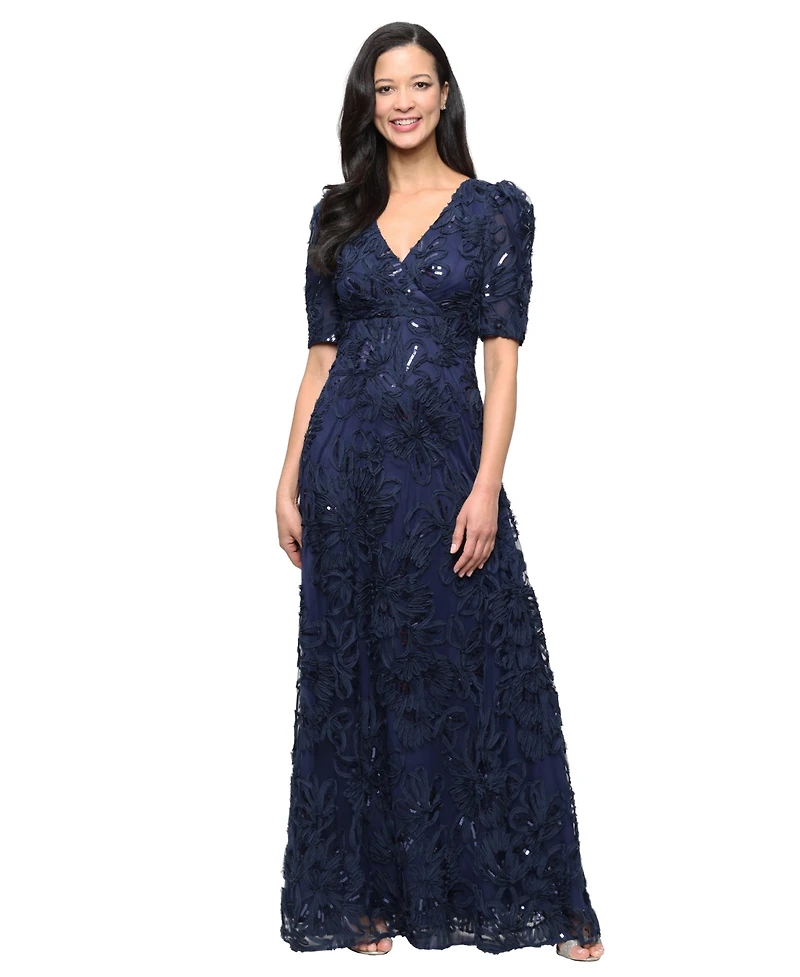 Alex Evenings Women's V-Neck Long Embroidered Dress
