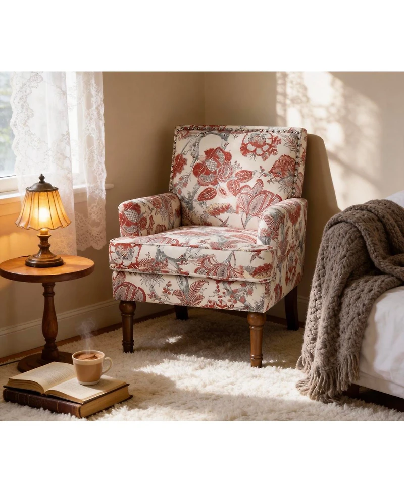 Streamdale Furniture Floral Upholstered Armchair with Nailhead Trim and Wood Legs