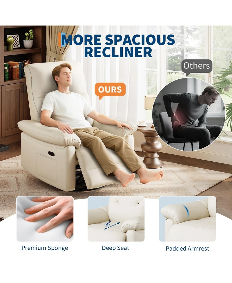 homfan Pu Leather Upholstered Power Recliner Chair, 270degree(s) Swivel Rocking Glider with Usb Charging Port, Comfortable Rocker Nursery Single Sofa