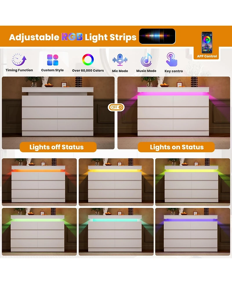 homfan 47" 6-Drawer Dresser with Led Light and Charging Station, Storage Chest for Bedroom and Living Room