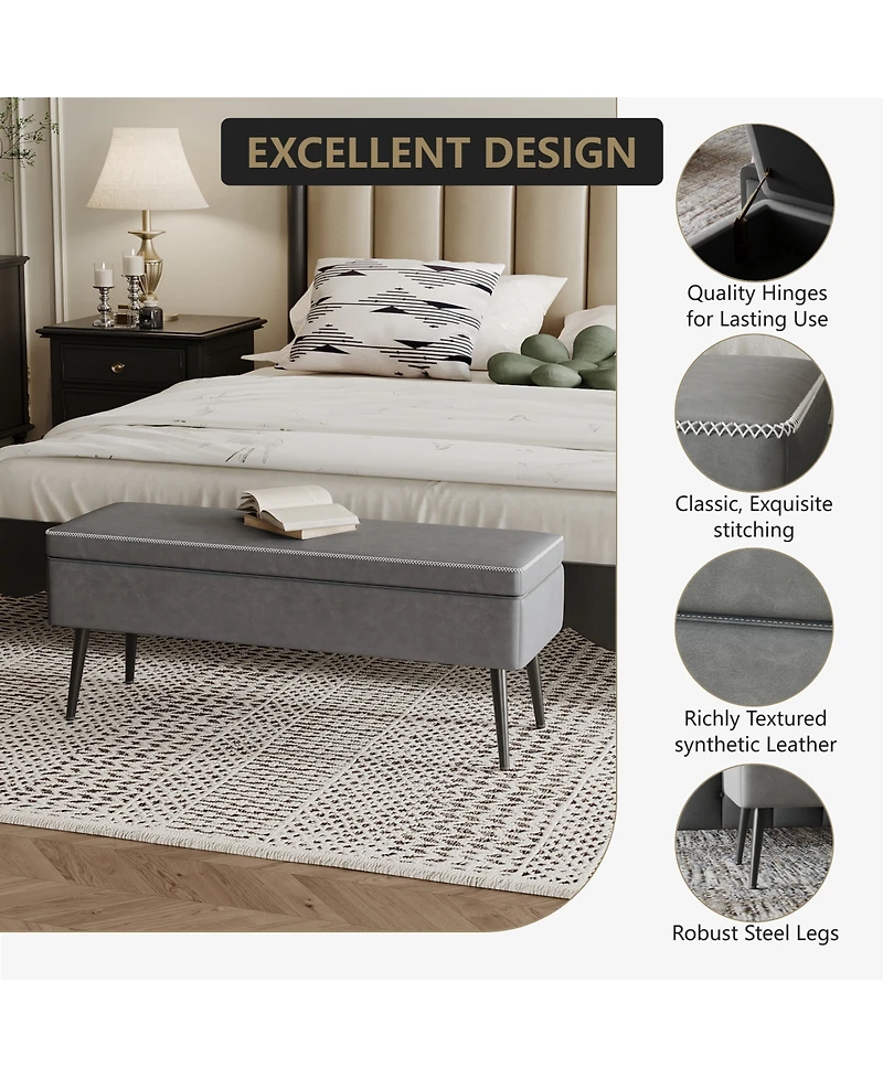 homfan Storage Ottoman Bench, Faux Leather Upholstered Shoe Bench with Dual Safety Hinges for Entryway or End of Bed