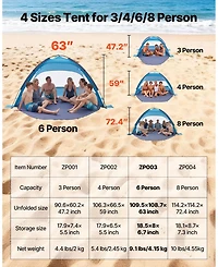Cozito Beach Tent Sun Shelter, 6-Person Portable Canopy with Carrying Bag
