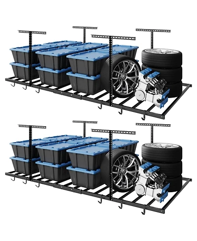 Fleximounts 2 Pack 4x8ft Overhead Garage Storage Rack with 6 Hooks, 22.6" -39.4" Ceiling Dropdown, Lite Series