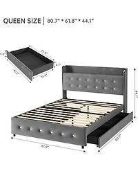 Streamdale Furniture homfan Bed Frame with Headboard Shelf and Charging Station and 4 Storage Drawers, Upholstered Platform Bed Frame