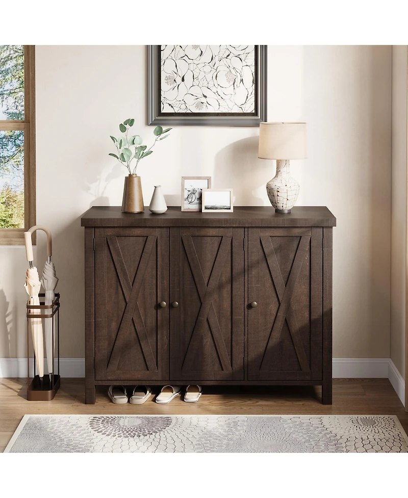 homfan Farmhouse Shoe Storage Cabinet with 3 Barn Doors, Freestanding Narrow Rack Organizer Adjustable Shelves, Ideal for Entryway