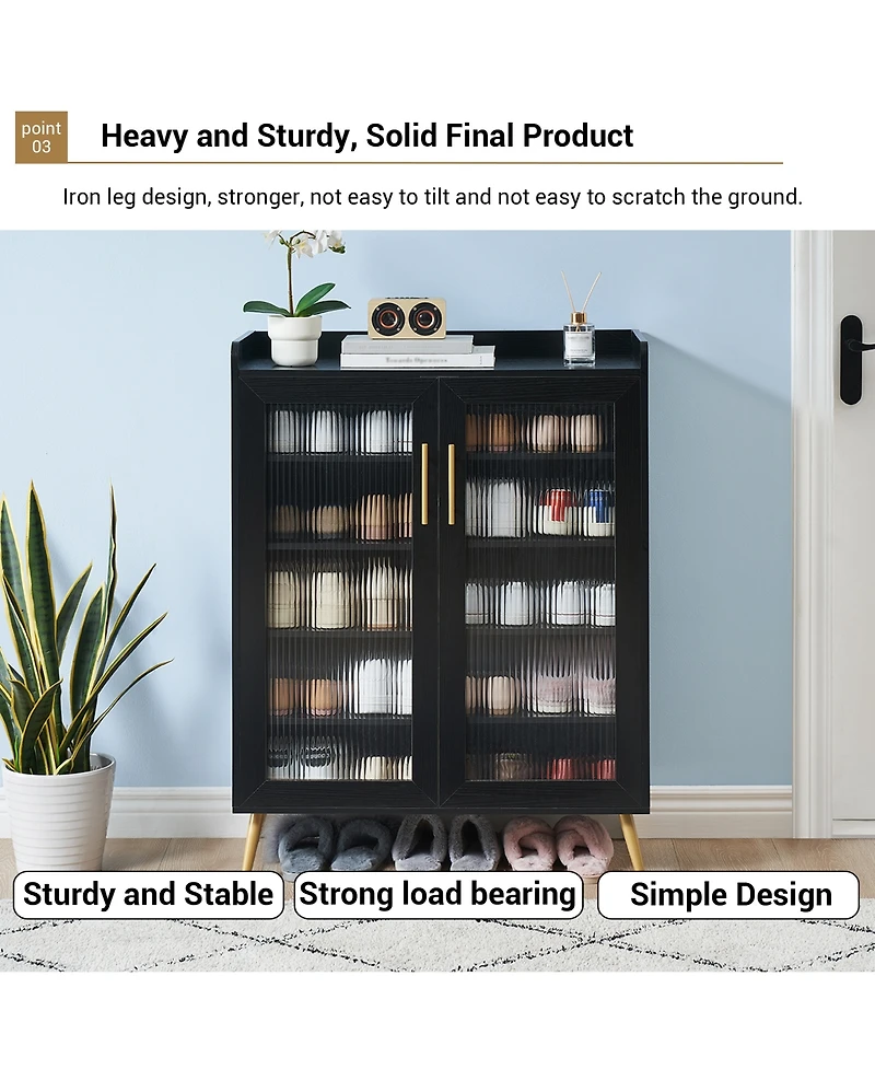 homfan Modern 5-Tier Shoe Cabinet with Glass Double Doors Adjustable Shelves, Sturdy Support Legs, Entryway Storage Organizer for Hallway, Living Room