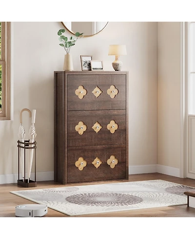 homfan Slim Shoe Cabinet with 3 Flip Drawers, Hollow Floral Design and Diamond Handles, Freestanding Hidden Organizer for Hallway Foyer