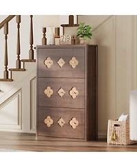 homfan Slim Shoe Cabinet with 3 Flip Drawers, Hollow Floral Design and Diamond Handles, Freestanding Hidden Organizer for Hallway Foyer