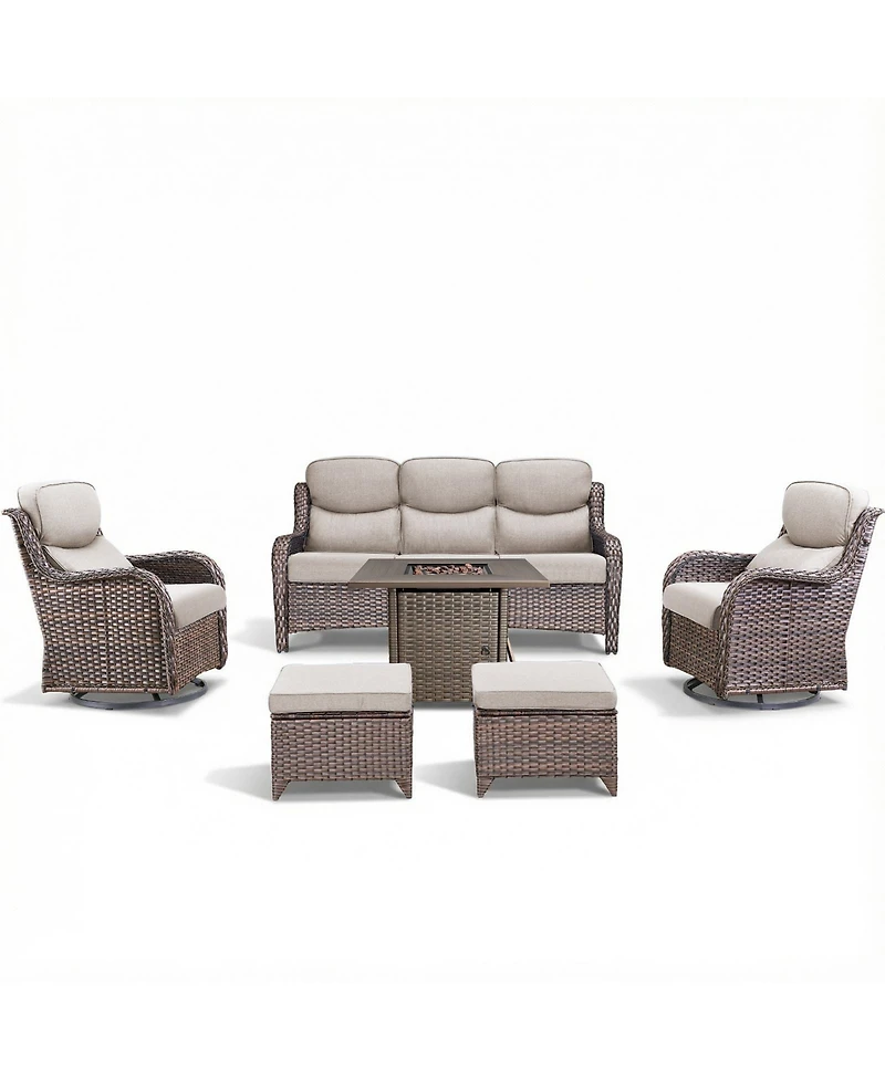 Pocassy Patio Furniture Set with Fire Pit Table-6 Piece All Weather Wicker Outdoor High Back Swivel Chairs Couch