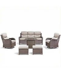 Pocassy Patio Furniture Set with Fire Pit Table-6 Piece All Weather Wicker Outdoor High Back Swivel Chairs Couch
