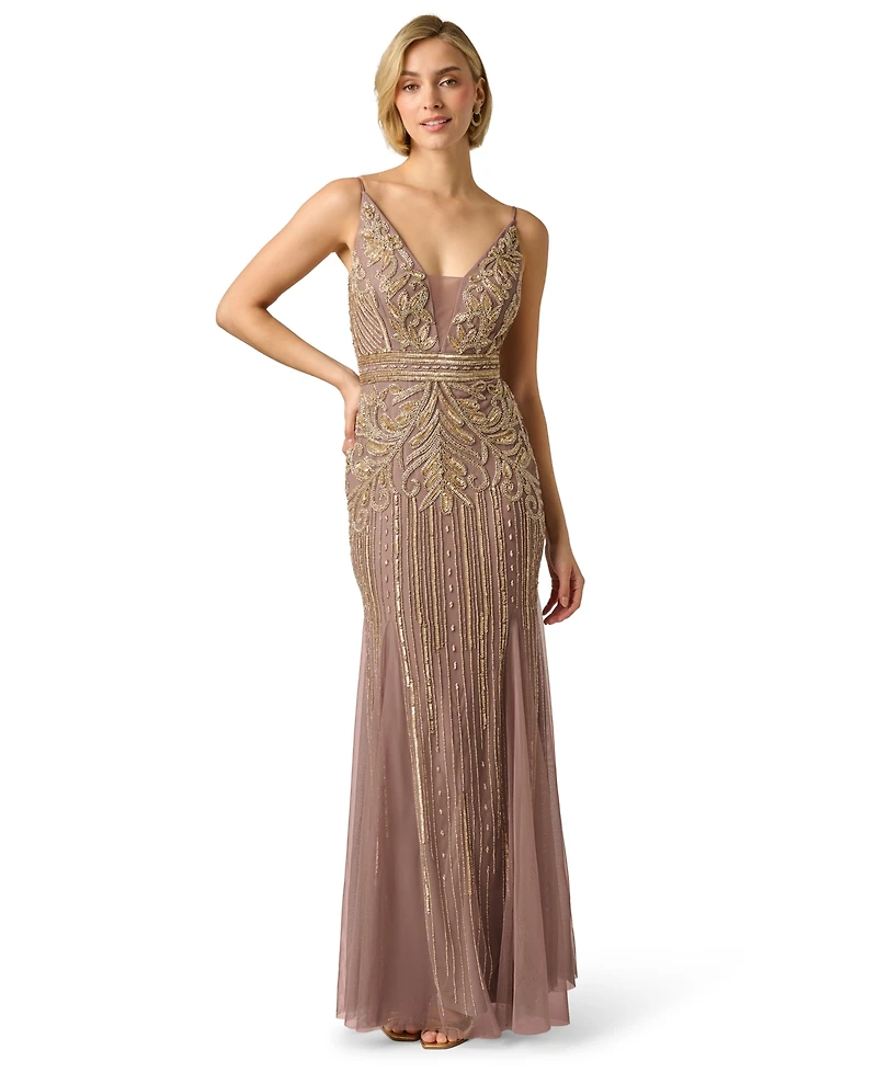Adrianna Papell Women's Sleeveless V-Neck Beaded Ball Gown