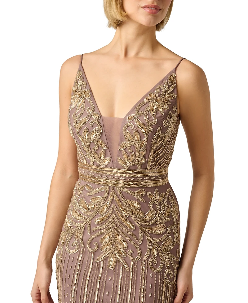 Adrianna Papell Women's Sleeveless V-Neck Beaded Ball Gown