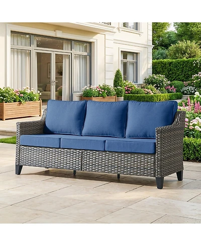 Pocassy Outdoor Couch Patio Furniture - Wicker Sofa 3-Seat Rattan Couch Gray Rattan Sofa with Wide Armest and Olefin Cushions