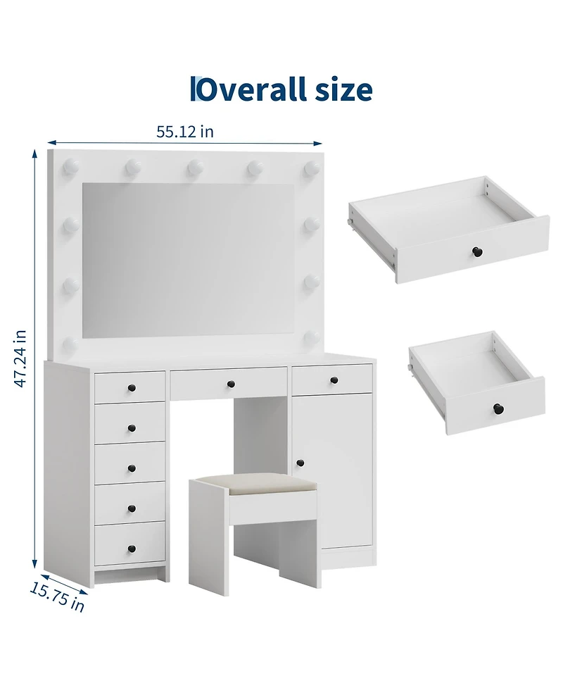 gaomon Vanity Desk With Mirror and Lights, 3-Color Lights Adjustable Brightness Make Up Dressing Table With 2 Drawers,Makeup Desk