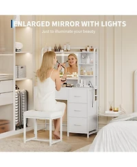 gaomon Vanity Desk with Mirror, Light, 35.4'' Makeup Vanity Table with Shelves, 4 Fabric Drawers Storage, Modern Dressing Table for Bedroom
